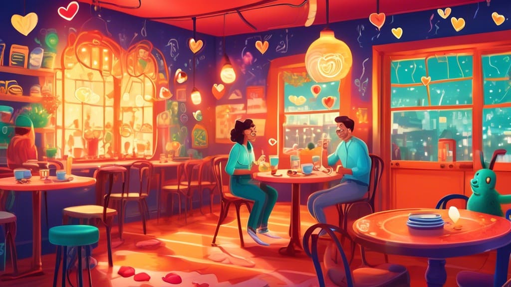 Create a vibrant illustration of a playful date scene in a cozy café, where a charming character is using a quirky pick-up line involving mitochondria, sur