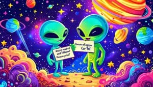 Create an imaginative and whimsical illustration of a cosmic scene featuring two cartoon aliens flirting with each other. The background should be a vibran