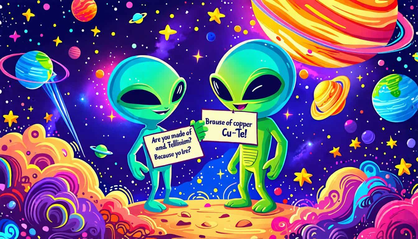 Create an imaginative and whimsical illustration of a cosmic scene featuring two cartoon aliens flirting with each other. The background should be a vibran