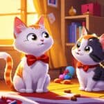 Create a whimsical cartoon scene featuring a charming cat in a bowtie, confidently delivering playful cat-themed pick-up lines to a captivated cat lover. T