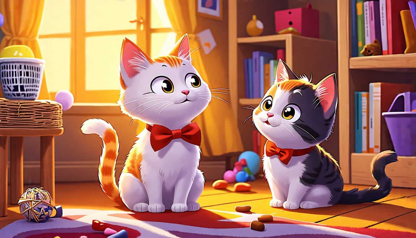 Create a whimsical cartoon scene featuring a charming cat in a bowtie, confidently delivering playful cat-themed pick-up lines to a captivated cat lover. T