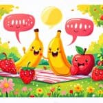 Create a whimsical illustration featuring a variety of cheerful fruits such as bananas, strawberries, and apples, personified with playful faces and expres