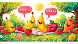 Create a whimsical illustration featuring a variety of cheerful fruits such as bananas, strawberries, and apples, personified with playful faces and expres