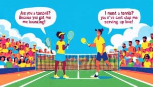 Create a playful and vibrant illustration featuring a tennis court scene where two people are using creative and funny tennis-related pick-up lines while h