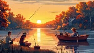 An imaginative illustration featuring a serene lakeside at sunset, with a couple fishing together, sharing a laugh as one of them uses a playful pick-up li