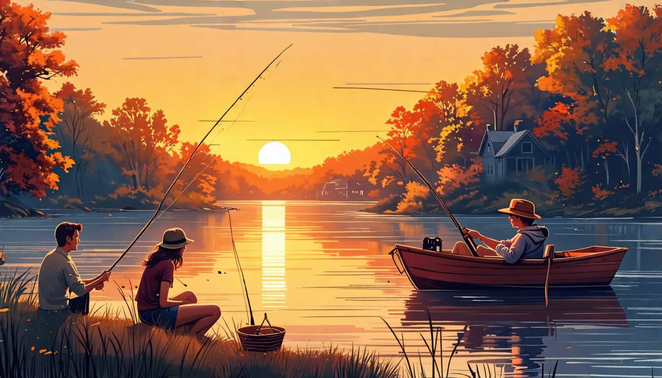 An imaginative illustration featuring a serene lakeside at sunset, with a couple fishing together, sharing a laugh as one of them uses a playful pick-up li