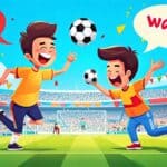 Create an illustration of a lively soccer field scene where two characters are engaging in a playful conversation using humorous soccer-themed pick-up line