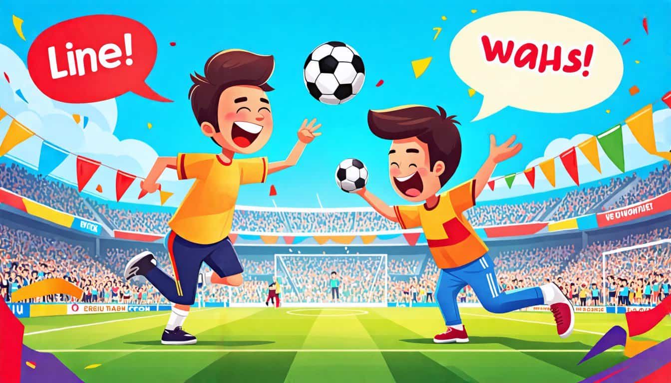 Create an illustration of a lively soccer field scene where two characters are engaging in a playful conversation using humorous soccer-themed pick-up line