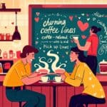 Create an illustration of a cozy coffee shop scene, featuring a barista playfully writing charming coffee-related pick-up lines on a chalkboard. In the for