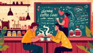 Create an illustration of a cozy coffee shop scene, featuring a barista playfully writing charming coffee-related pick-up lines on a chalkboard. In the for