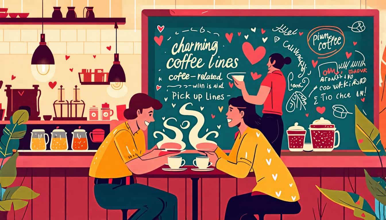 Create an illustration of a cozy coffee shop scene, featuring a barista playfully writing charming coffee-related pick-up lines on a chalkboard. In the for