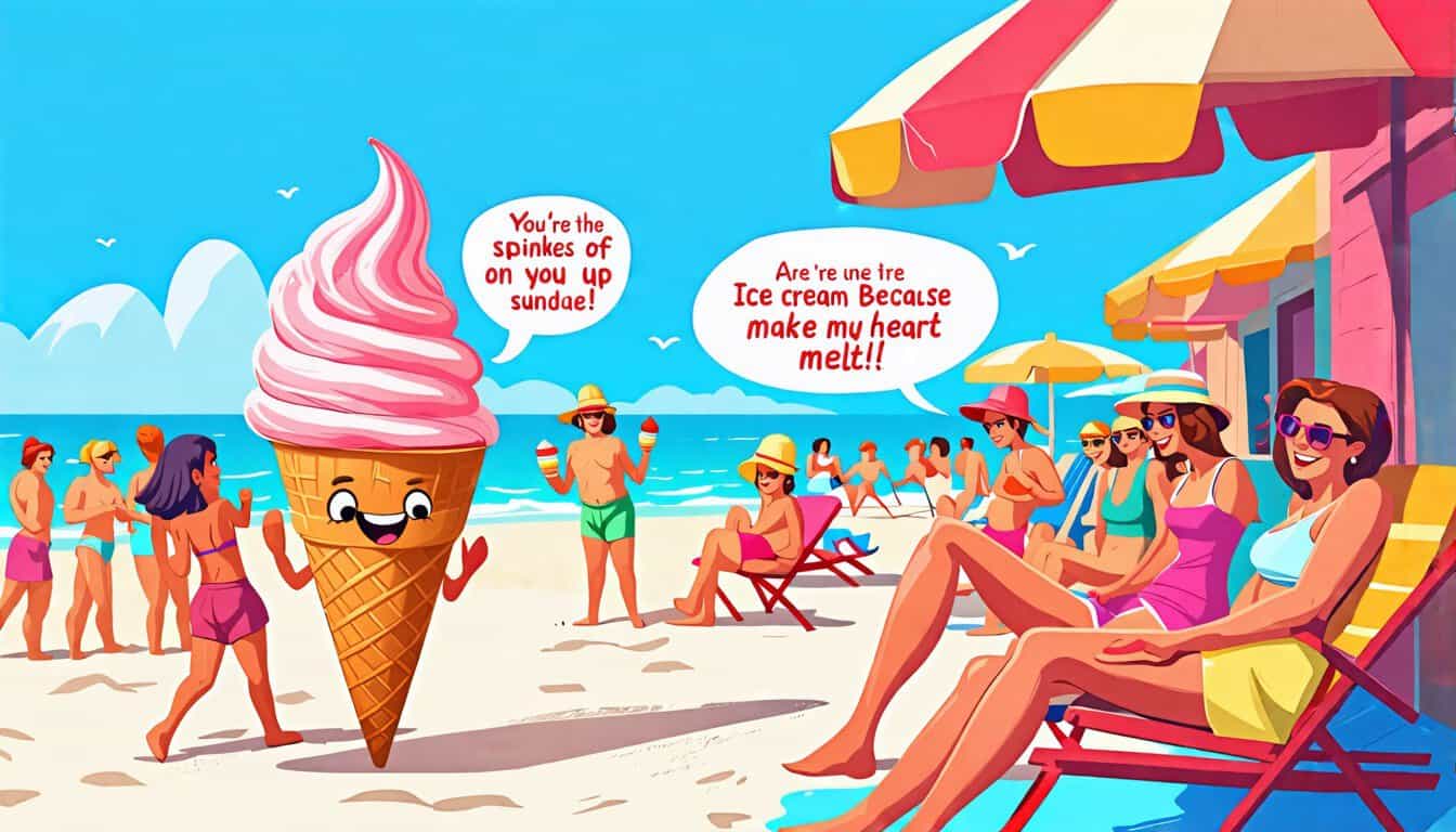 Create a whimsical illustration of an ice cream cone character standing at a bustling beach boardwalk, playfully delivering charming ice cream-themed pick-