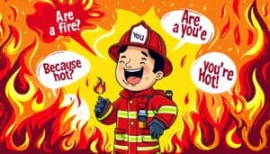 Create an illustration of a cheerful firefighter using a comical pick-up line, surrounded by flames and fire-themed elements. The firefighter should have a