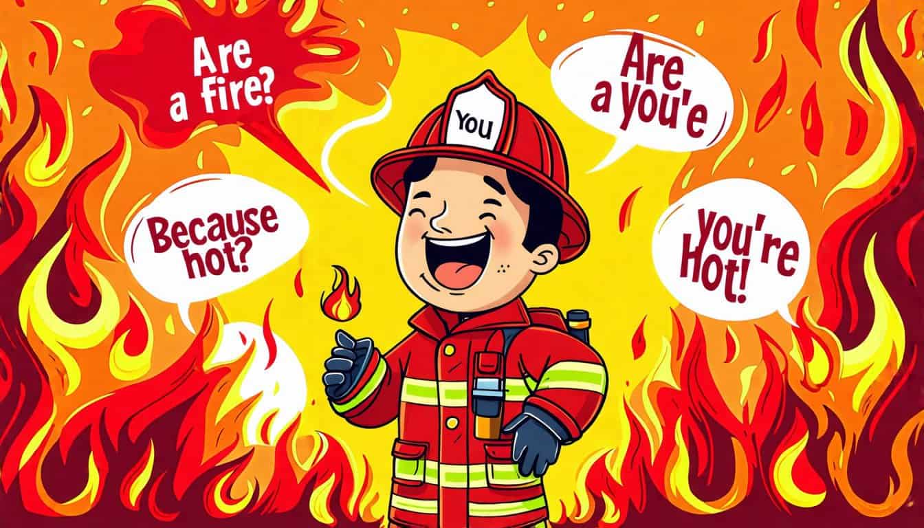 Create an illustration of a cheerful firefighter using a comical pick-up line, surrounded by flames and fire-themed elements. The firefighter should have a