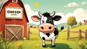 Create a whimsical illustration featuring a cute cartoon cow in a pasture, wearing a playful expression and holding a sign that displays a few clever cow-t