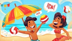 Create a whimsical cartoon illustration featuring two cartoon characters playing volleyball on a sunny beach. The male character is smiling and holding a v