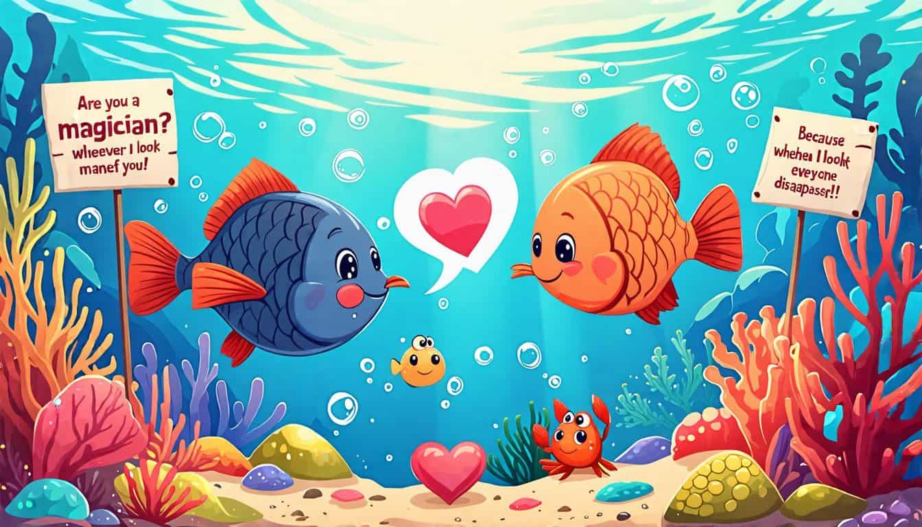 Create an illustration of a charming underwater scene featuring various fish using clever pick-up lines to flirt with each other. One fish might be holding