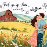 Create an illustration of a picturesque rural scene featuring a charming country setting with rolling hills, a rustic barn, and wildflowers. In the foregro