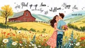 Create an illustration of a picturesque rural scene featuring a charming country setting with rolling hills, a rustic barn, and wildflowers. In the foregro