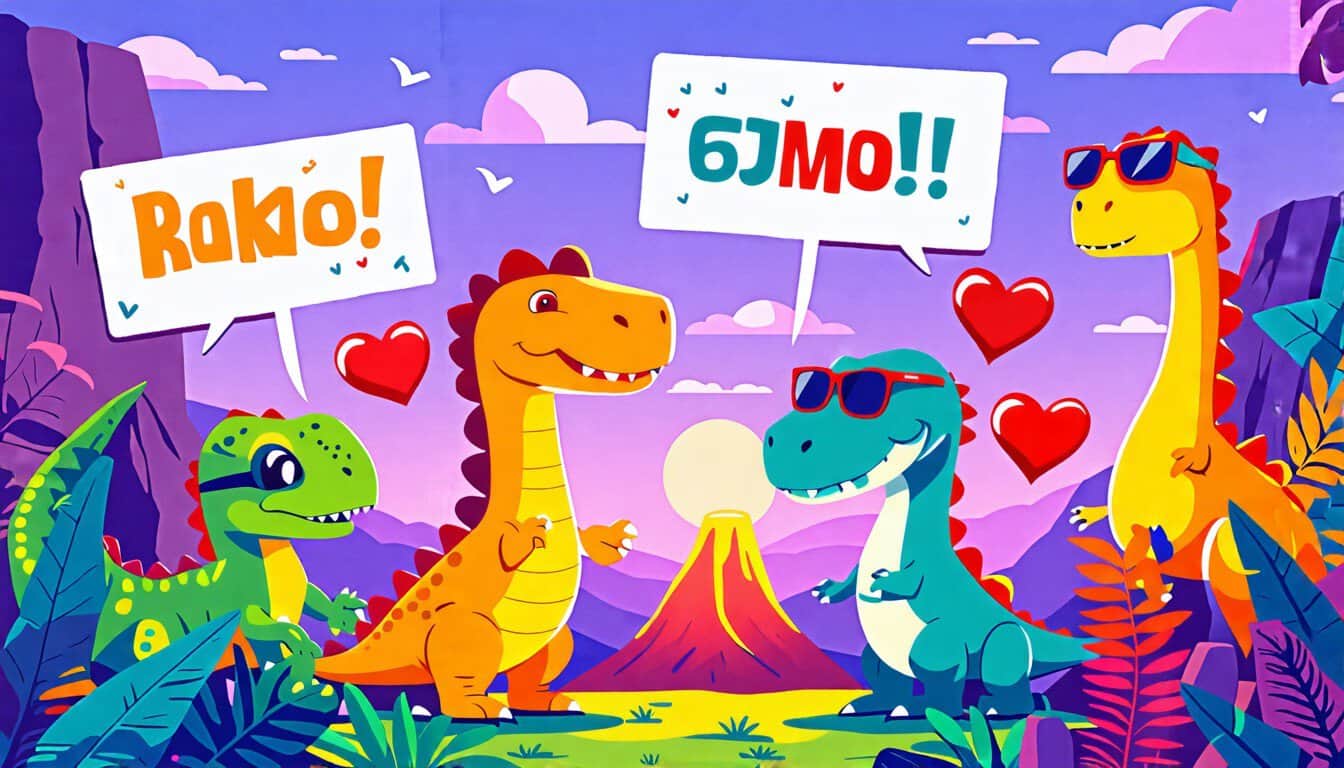 Create a playful and colorful illustration of a group of cartoon dinosaurs in a prehistoric setting, each using humorous pick-up lines on one another. Incl