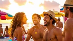 A vibrant beach scene at sunset with friends laughing and sharing smooth pick up lines. Include colorful beach umbrellas, surfboards in the background, and