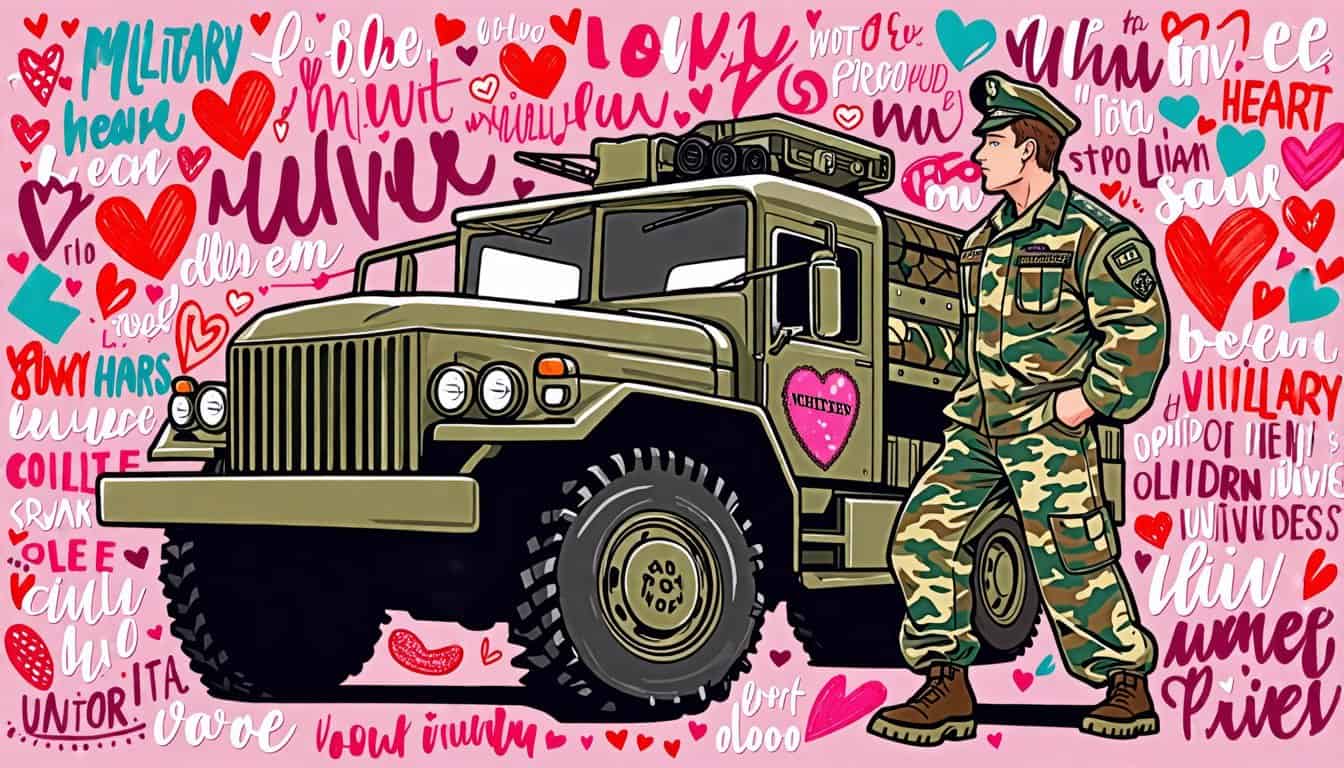 Create an illustration of a charming military personnel winking playfully while leaning against a military truck. Surround them with a whimsical heart-shap