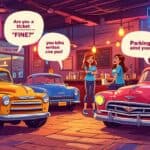 Create an image of a playful and romantic scene at a car-themed café, where two people are laughing and sharing car-related pick-up lines. The setting shou