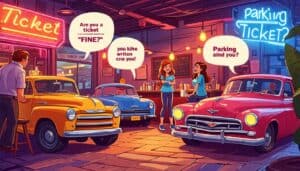 Create an image of a playful and romantic scene at a car-themed café, where two people are laughing and sharing car-related pick-up lines. The setting shou