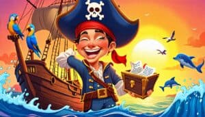 Create an illustration of a cheerful pirate winking and holding a treasure chest filled with humorous pick-up lines written on scrolls, standing on a whims