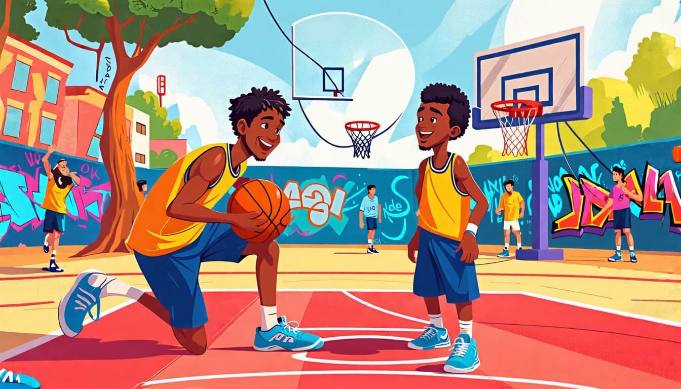 Create an illustration of a lively basketball court where two players are engaging in a playful conversation. One player is leaning casually against the ho