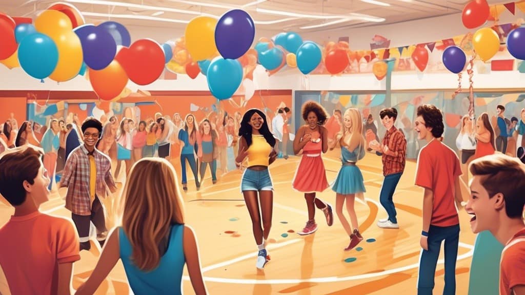 Create an imaginative and lively scene featuring a high school gym decorated for Homecoming, with students dressed in festive outfits. In the center, show