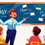 Create an illustration featuring a cheerful classroom scene where a charismatic teacher is playfully delivering cheesy pick-up lines to a group of smiling