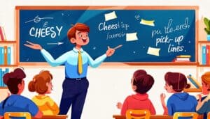 Create an illustration featuring a cheerful classroom scene where a charismatic teacher is playfully delivering cheesy pick-up lines to a group of smiling