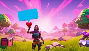 Create an illustration of a playful Fortnite character in a vibrant, battle-themed landscape, holding up a speech bubble with a witty, flirty pick-up line.