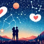 Create a whimsical illustration of a romantic night sky filled with twinkling stars and planets, with a couple gazing up in awe. Include playful speech bub