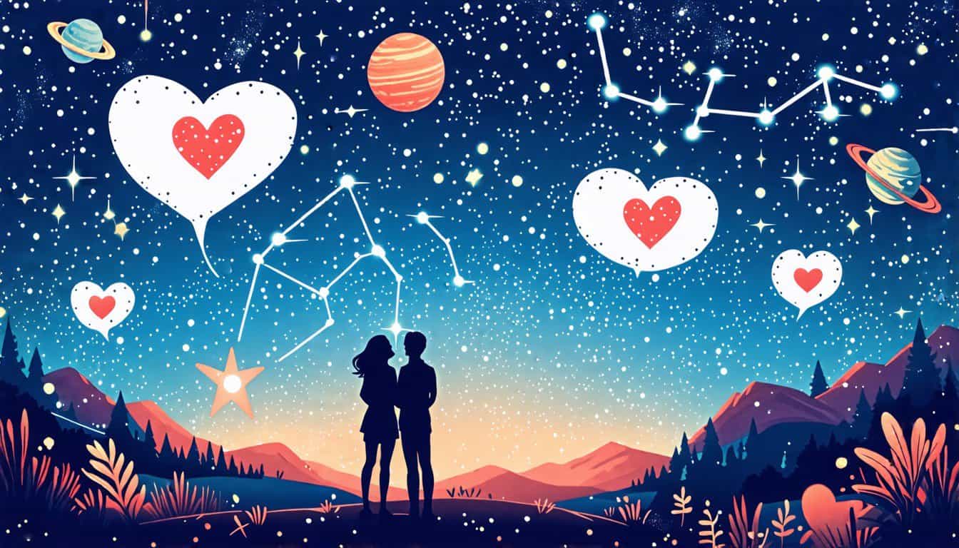 Create a whimsical illustration of a romantic night sky filled with twinkling stars and planets, with a couple gazing up in awe. Include playful speech bub