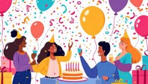 Create an illustration of a whimsical birthday party scene featuring a diverse group of people celebrating with balloons, cake, and decorations. In the for