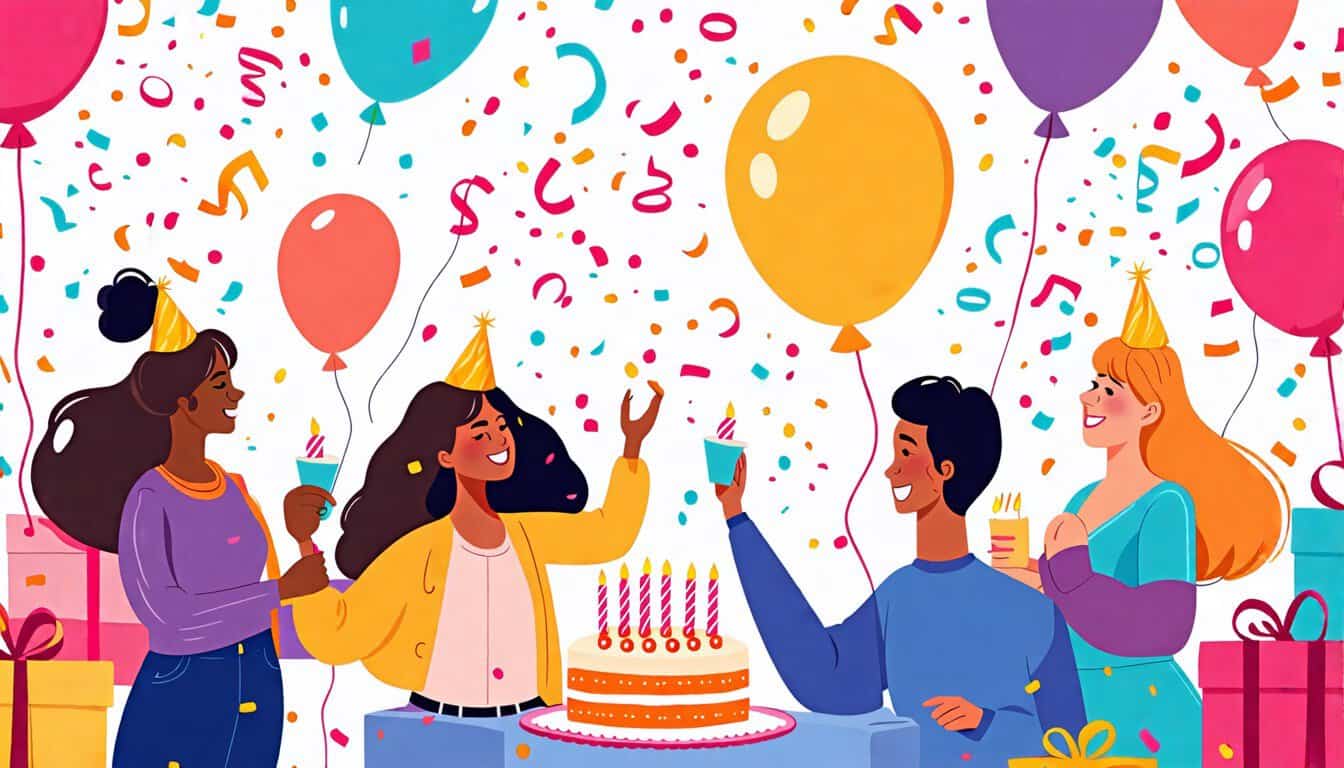 Create an illustration of a whimsical birthday party scene featuring a diverse group of people celebrating with balloons, cake, and decorations. In the for