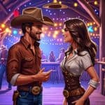 An illustrated scene of a charming cowboy and cowgirl exchanging playful pick-up lines at a vibrant country dance hall, with rustic decor, wooden beams, an