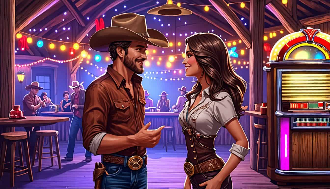 An illustrated scene of a charming cowboy and cowgirl exchanging playful pick-up lines at a vibrant country dance hall, with rustic decor, wooden beams, an