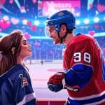 Create a playful and romantic scene featuring a hockey player in full gear, playfully using a clever pickup line on a fan in the stands. The background sho