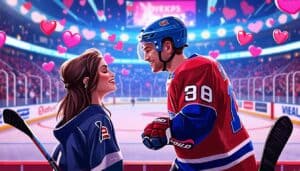 Create a playful and romantic scene featuring a hockey player in full gear, playfully using a clever pickup line on a fan in the stands. The background sho