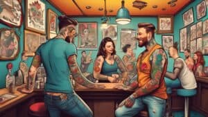 Create an imaginative scene featuring a tattoo artist with a colorful array of tattoos on their arms, surrounded by various tattoo designs and clients inte