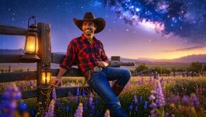 Create an image of a charming cowboy leaning against a rustic wooden fence under a starry night sky, with a playful smile as he holds a lasso in one hand.