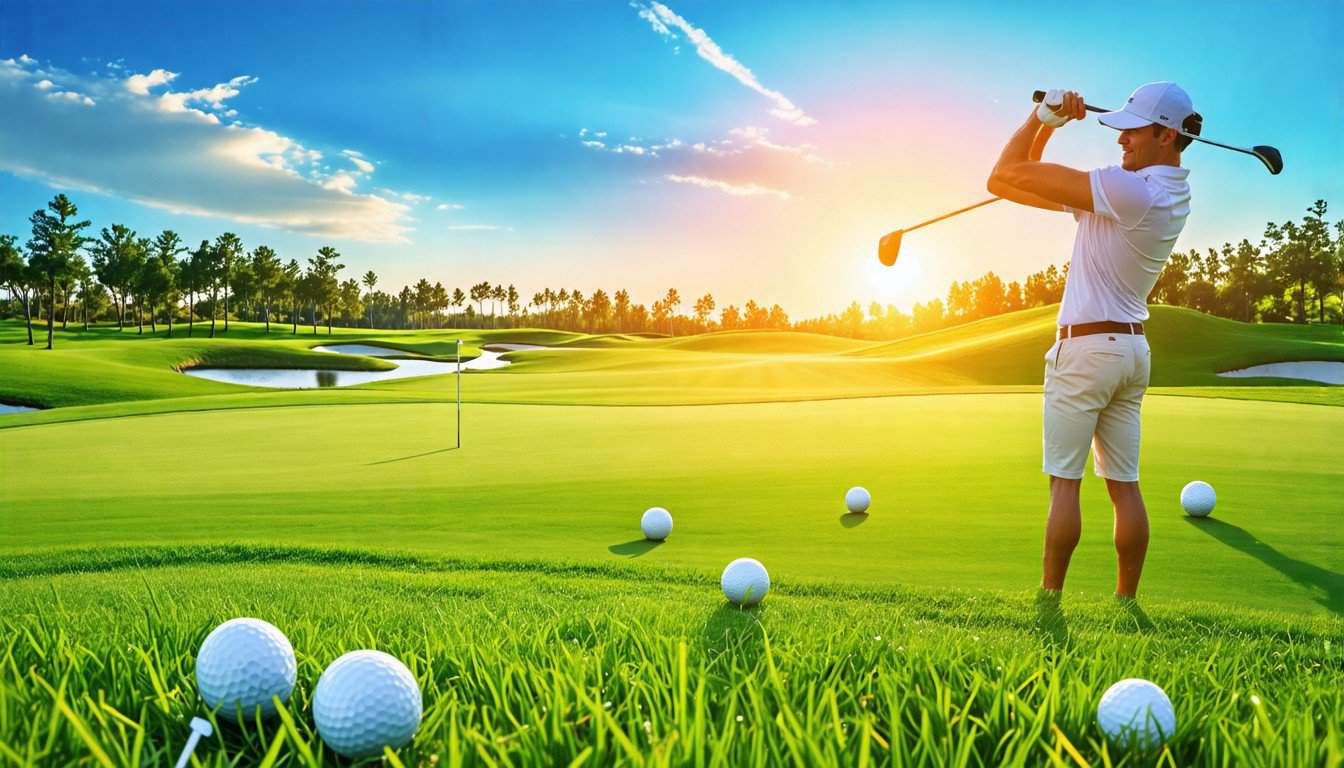 Create an image of a cheerful golfer on a picturesque golf course, holding a golf club in one hand and a sign with fun golf pick-up lines written on it, su