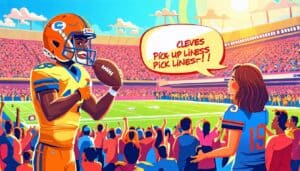 Create an illustration featuring a playful scene at a football field where a confident football player is using clever pick-up lines to flirt with a charmi