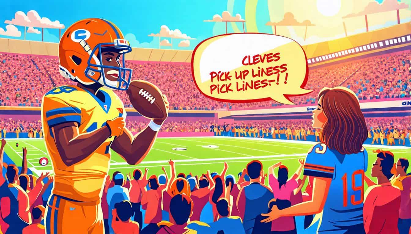 Create an illustration featuring a playful scene at a football field where a confident football player is using clever pick-up lines to flirt with a charmi