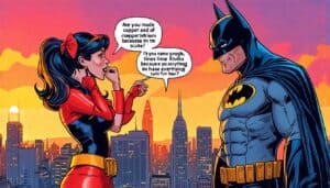 Create an illustration of a comic-style superhero scene where a playful Batman is using humorous pick-up lines on a surprised and amused superheroine. The