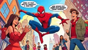 Create a playful illustration of Spider-Man sharing charming pick-up lines with a group of animated characters in a vibrant cityscape. The scene should cap