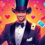 Create an engaging and whimsical illustration featuring a charming magician dressed in a classic tuxedo and top hat, performing magic tricks with colorful